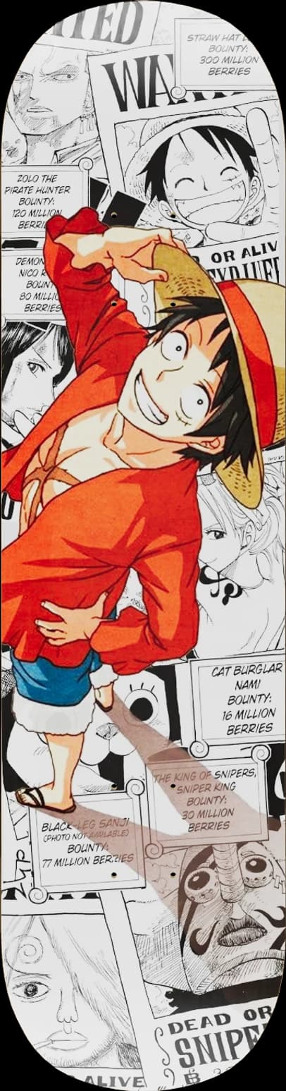 Luffy over a wall of wanted posters, hand-painted